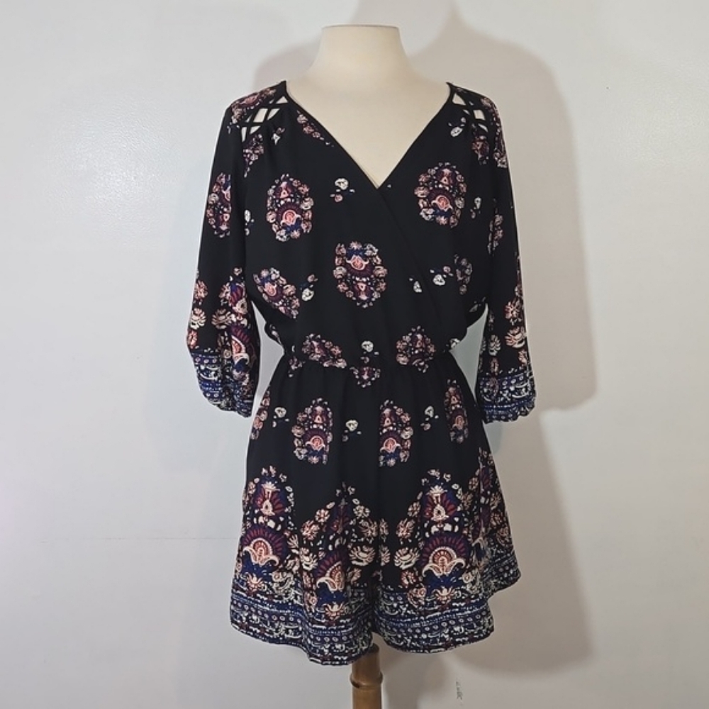 Rags To Wishes Floral Print Boho Black Romper Large